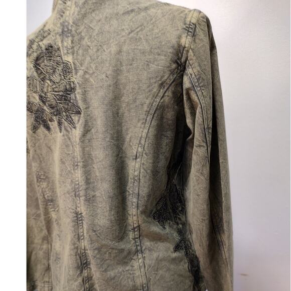 Coldwater Creek Olive Green Embroidered Denim Two Button Jacket Size 10 Pockets - Picture 4 of 10